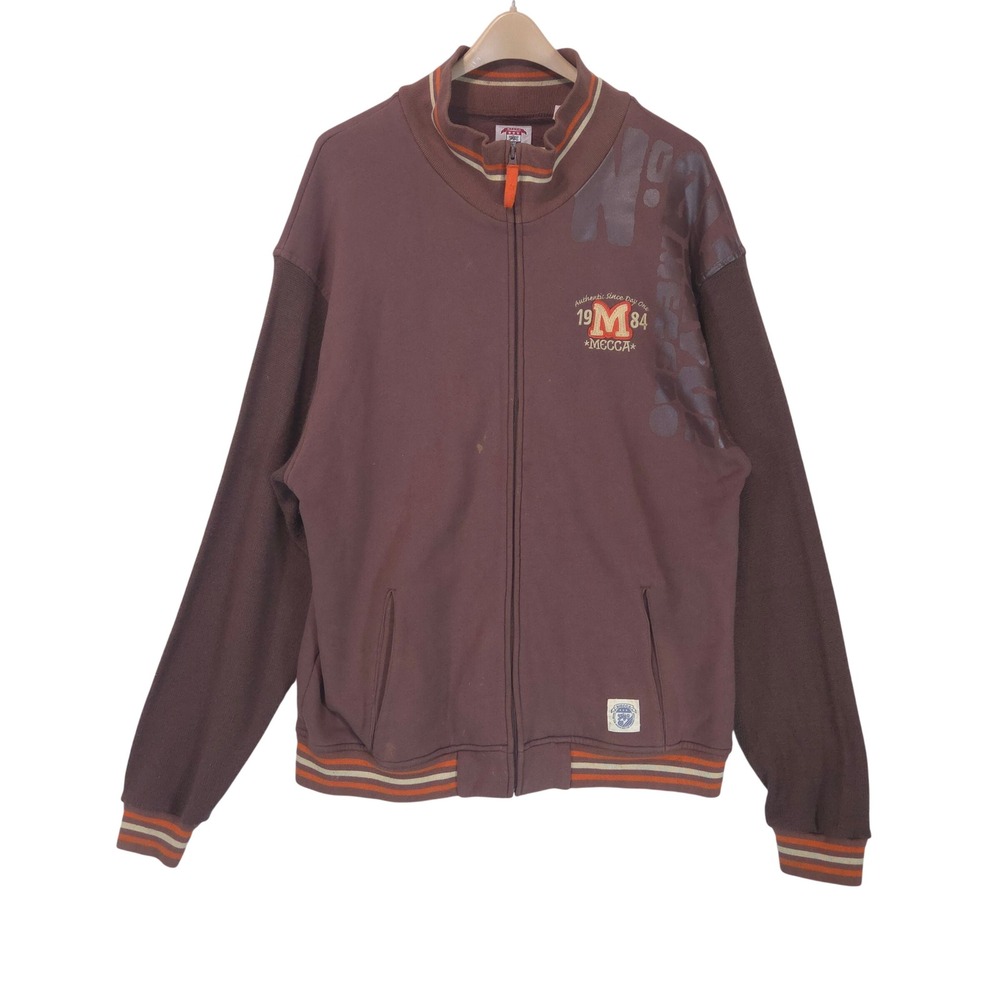 Vtg Mecca USA Full Zip Varsity Jacket Mens 3X Brown Knit Wool Sleeves Skater Y2K